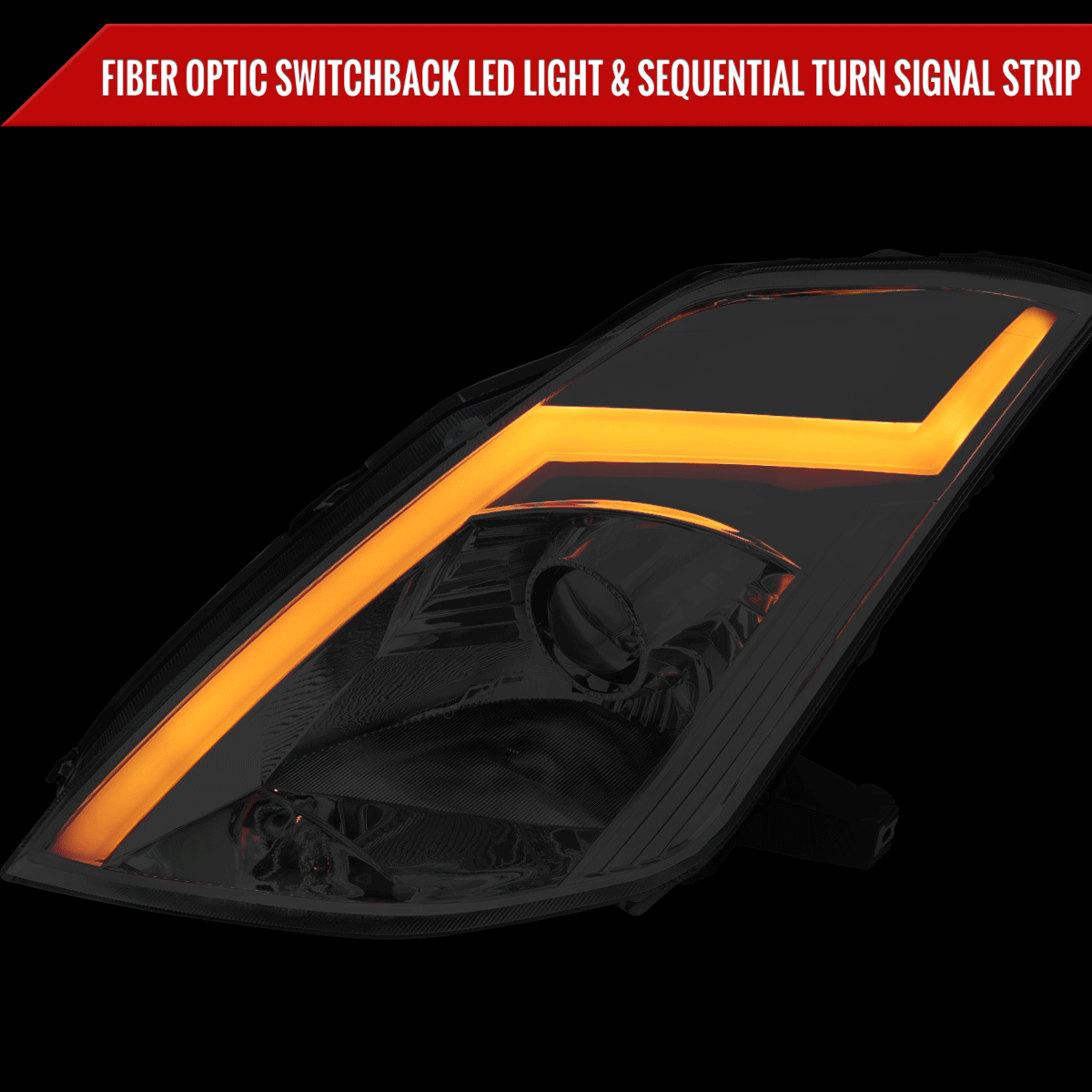 2003-2005 Nissan 350Z Switchback Sequential Turn Signal Animated LED Bar Projector Headlights (Chrome Housing/Clear Lens)