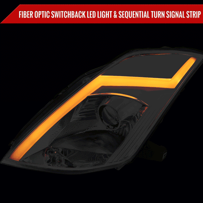 2003-2005 Nissan 350Z Switchback Sequential Turn Signal Animated LED Bar Projector Headlights (Chrome Housing/Clear Lens)