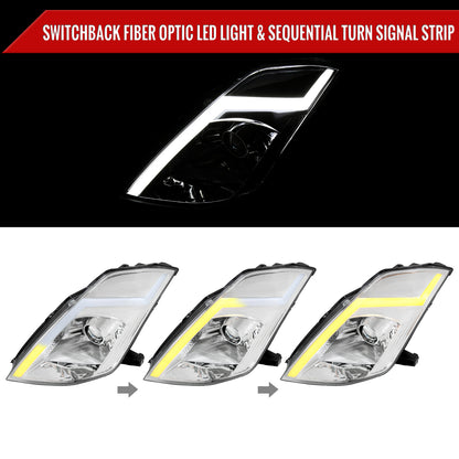 2003-2005 Nissan 350Z Switchback Sequential Turn Signal Animated LED Bar Projector Headlights (Chrome Housing/Clear Lens)