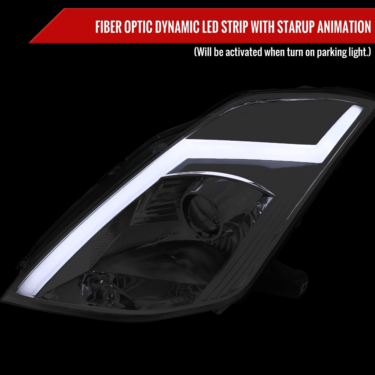 2003-2005 Nissan 350Z Switchback Sequential Turn Signal Animated LED Bar Projector Headlights (Chrome Housing/Clear Lens)