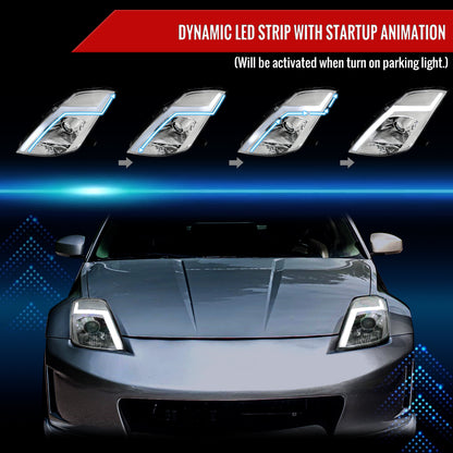 2003-2005 Nissan 350Z Switchback Sequential Turn Signal Animated LED Bar Projector Headlights (Chrome Housing/Clear Lens)