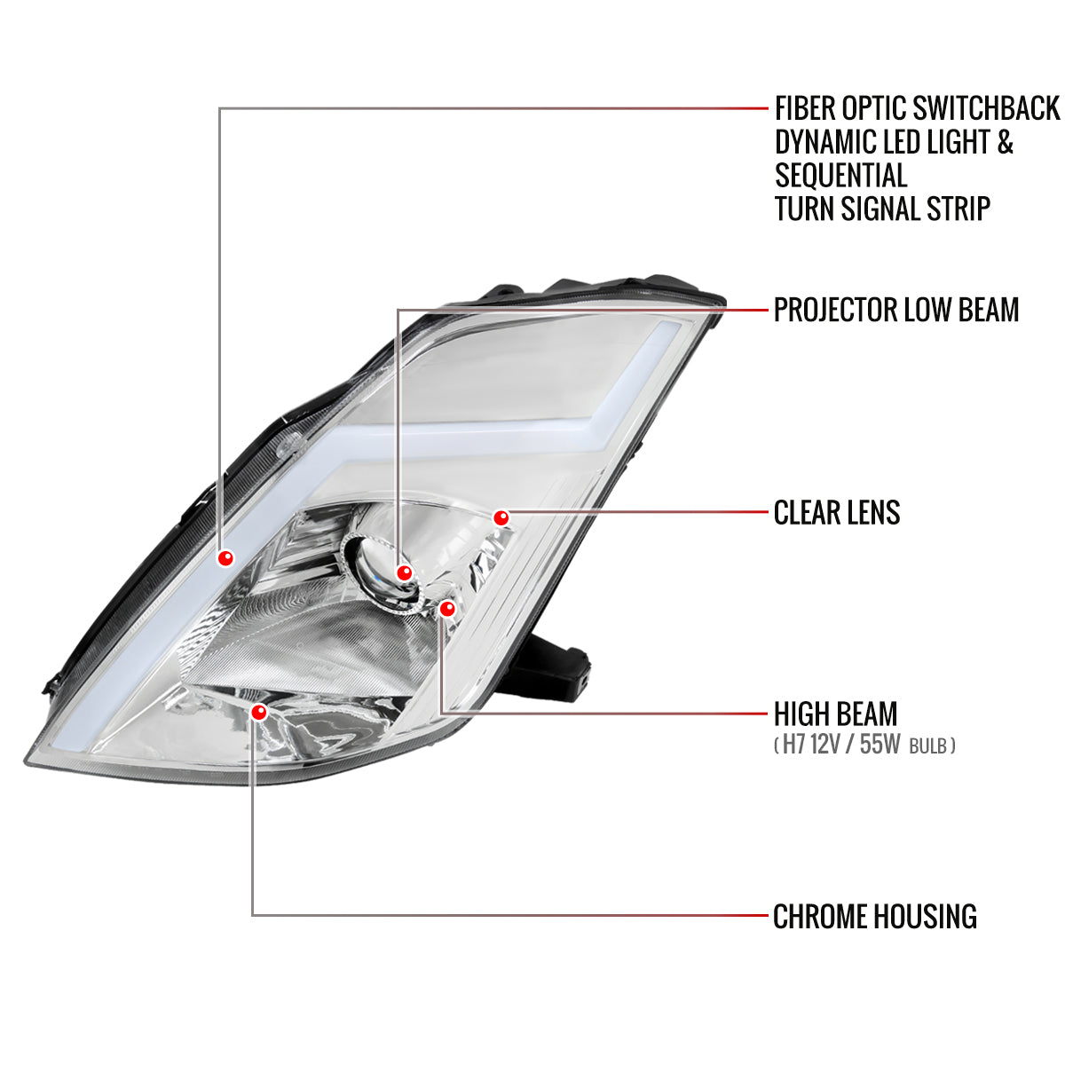 2003-2005 Nissan 350Z Switchback Sequential Turn Signal Animated LED Bar Projector Headlights (Chrome Housing/Clear Lens)