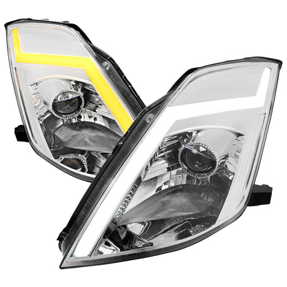 2003-2005 Nissan 350Z Switchback Sequential Turn Signal Animated LED Bar Projector Headlights (Chrome Housing/Clear Lens)