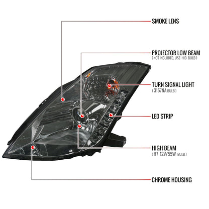 2003-2005 Nissan 350Z Projector Headlights w/ SMD LED Light Strip (Chrome Housing/Smoked Lens)