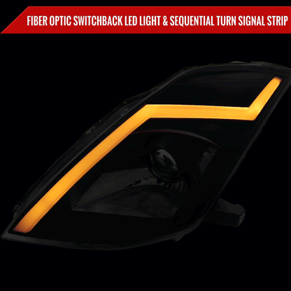2003-2005 Nissan 350Z Switchback Sequential Turn Signal Animated LED Bar Projector Headlights (Matte Black Housing/Clear Lens)
