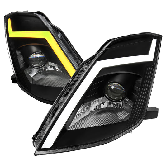 2003-2005 Nissan 350Z Switchback Sequential Turn Signal Animated LED Bar Projector Headlights (Matte Black Housing/Clear Lens)