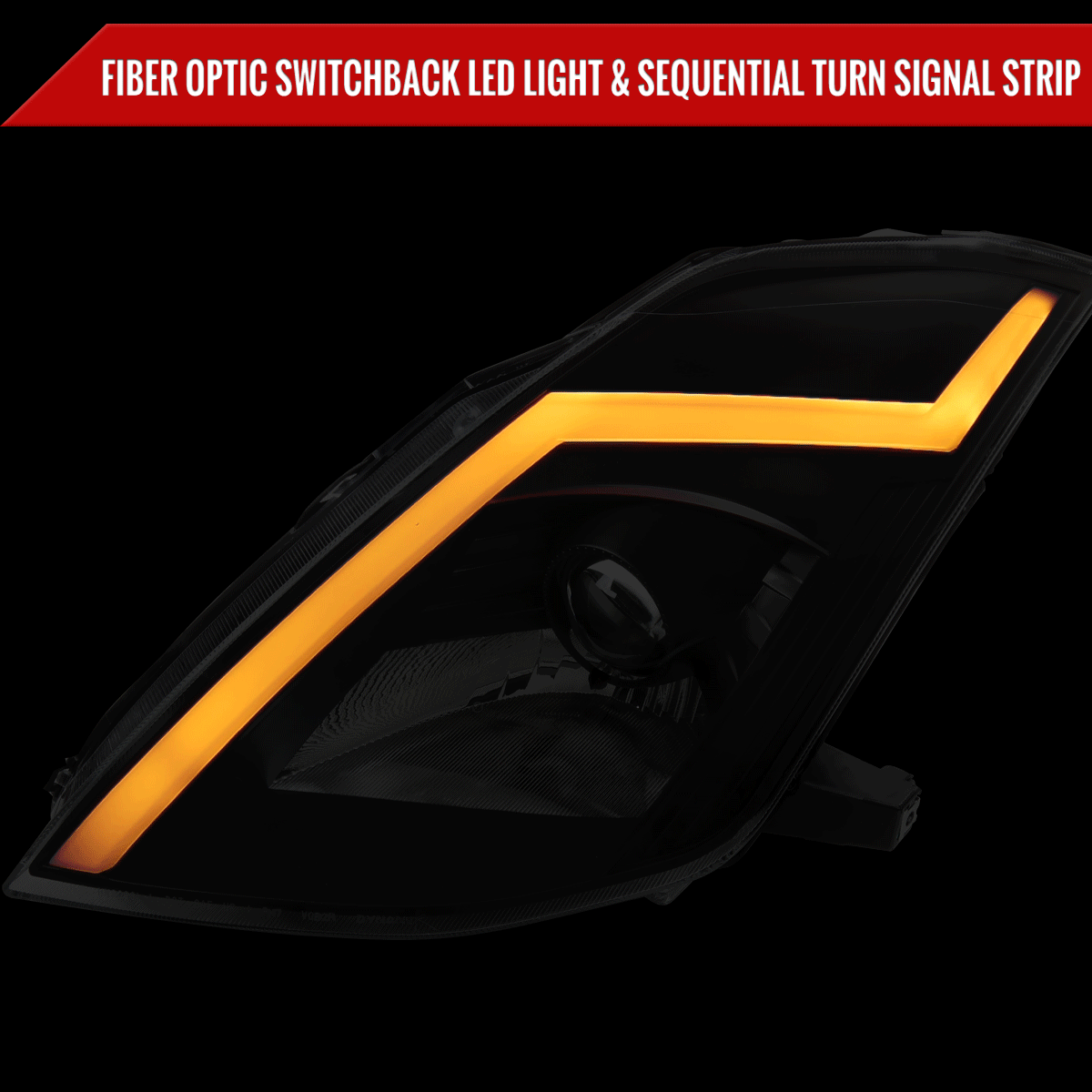 2003-2005 Nissan 350Z Switchback Sequential Turn Signal Animated LED Bar Projector Headlights (Matte Black Housing/Smoked Lens)