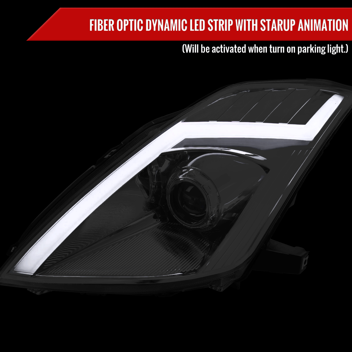 2006-2009 Nissan 350Z Switchback Sequential Turn Signal Animated LED Bar Projector Headlights (Chrome Housing/Clear Lens)