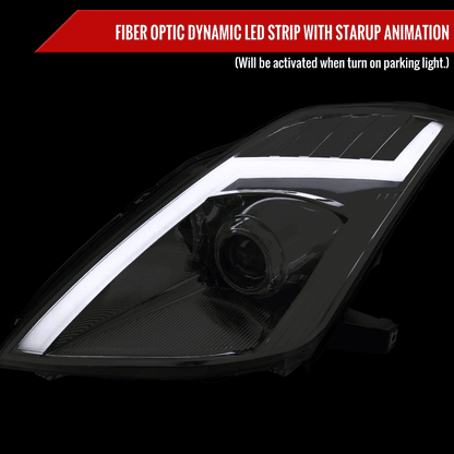 2006-2009 Nissan 350Z Switchback Sequential Turn Signal Animated LED Bar Projector Headlights (Chrome Housing/Clear Lens)