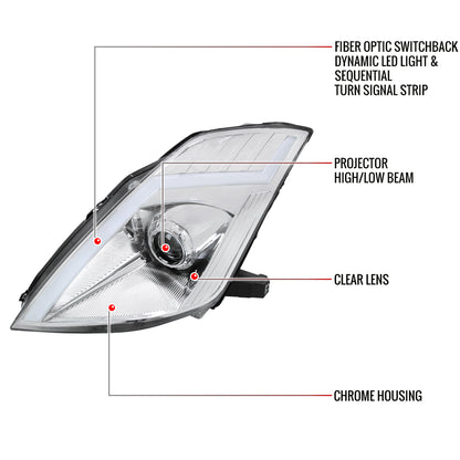 2006-2009 Nissan 350Z Switchback Sequential Turn Signal Animated LED Bar Projector Headlights (Chrome Housing/Clear Lens)