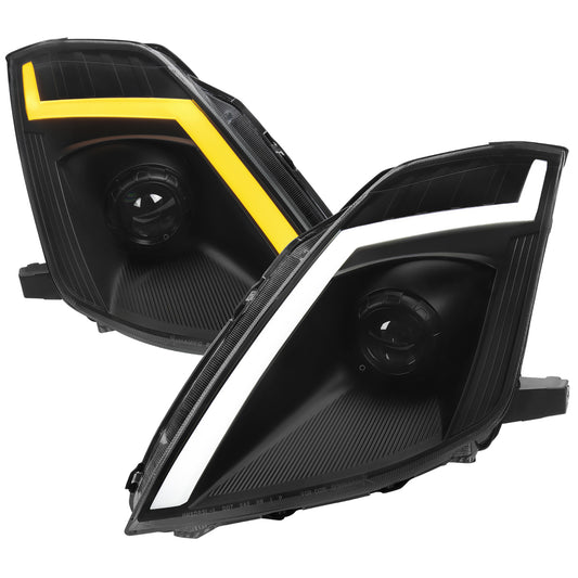 2006-2009 Nissan 350Z Switchback Sequential Turn Signal Animated LED Bar Projector Headlights (Matte Black Housing/Clear Lens)
