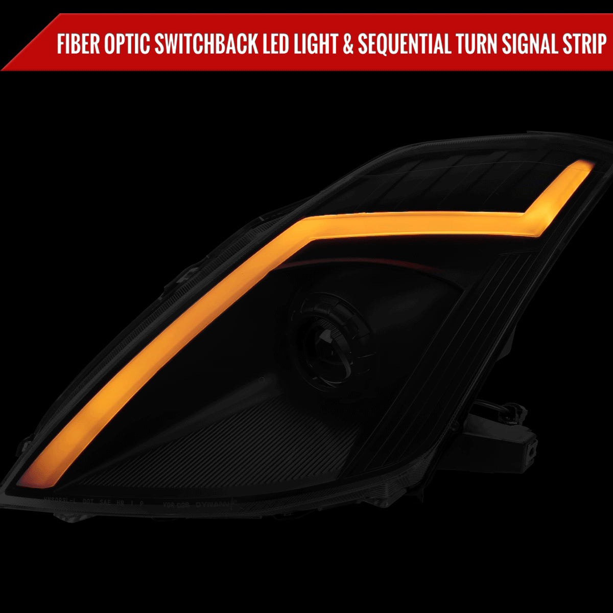2006-2009 Nissan 350Z Switchback Sequential Turn Signal Animated LED Bar Projector Headlights (Matte Black Housing/Smoked Lens)