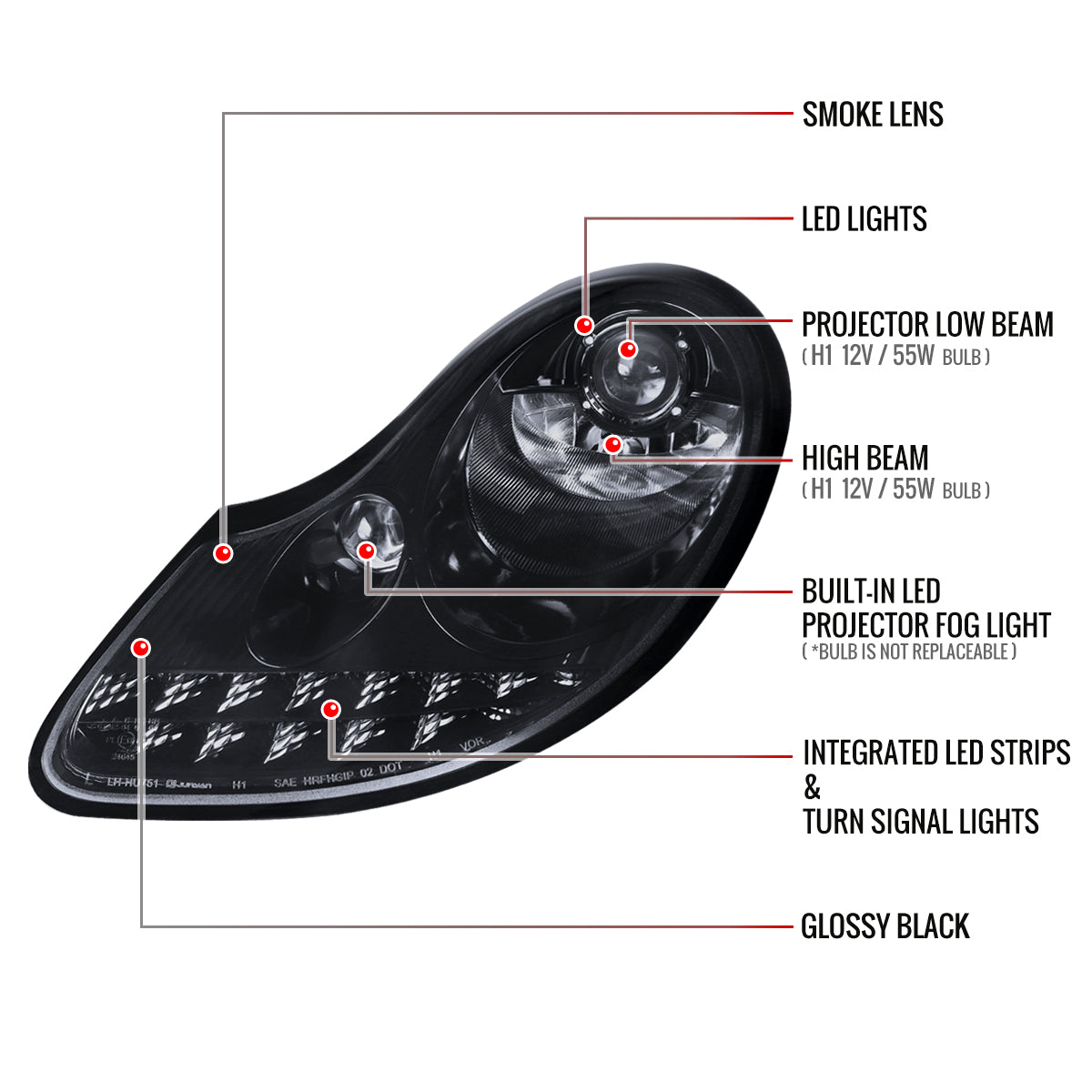 1997-2004 Porsche Boxster 986/911 996 LED Light Strip Projector Headlights w/ LED Turn Signal Lights (Glossy Black Housing/Smoked Lens)