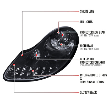 1997-2004 Porsche Boxster 986/911 996 LED Light Strip Projector Headlights w/ LED Turn Signal Lights (Glossy Black Housing/Smoked Lens)