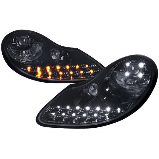 1997-2004 Porsche Boxster 986/911 996 LED Light Strip Projector Headlights w/ LED Turn Signal Lights (Glossy Black Housing/Smoked Lens)