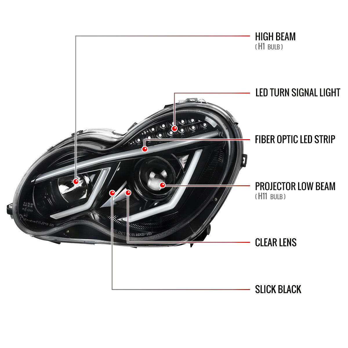 2001-2007 Mercedes Benz W203 C Class Sedan LED Bar Projector Headlights w/ LED Turn Signal Lights (Jet Black Housing/Clear Lens)