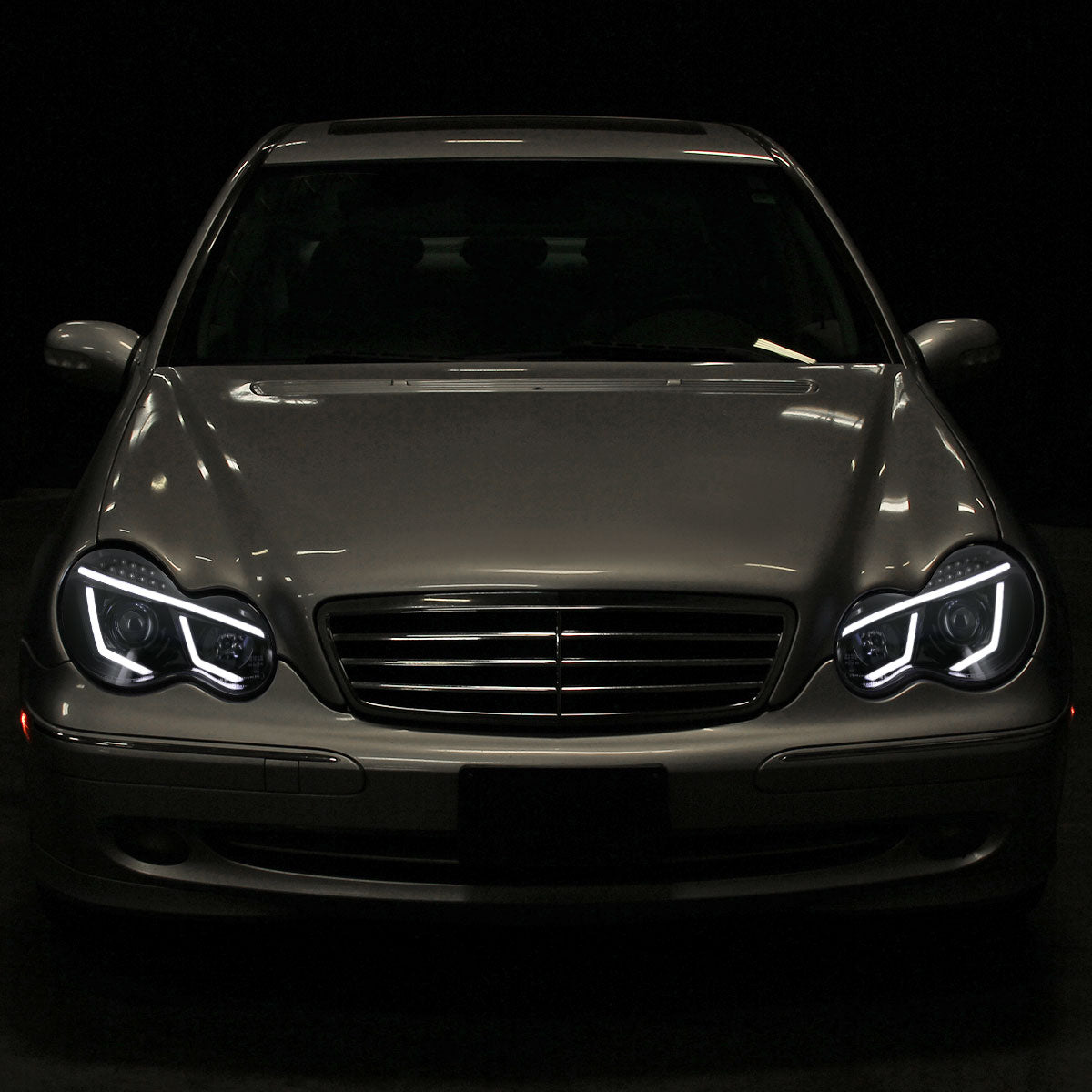 2001-2007 Mercedes Benz W203 C Class Sedan LED Bar Projector Headlights w/ LED Turn Signal Lights (Jet Black Housing/Clear Lens)
