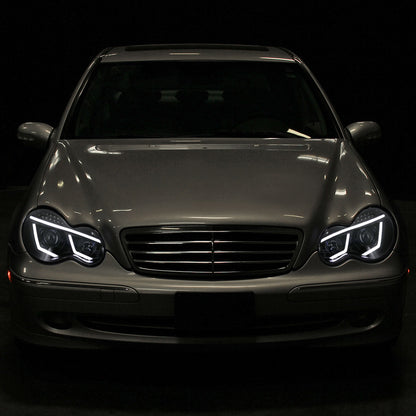 2001-2007 Mercedes Benz W203 C Class Sedan LED Bar Projector Headlights w/ LED Turn Signal Lights (Jet Black Housing/Clear Lens)