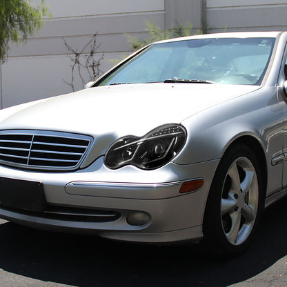 2001-2007 Mercedes Benz W203 C Class Sedan LED Bar Projector Headlights w/ LED Turn Signal Lights (Jet Black Housing/Clear Lens)