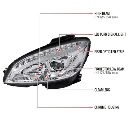 2008-2011 Mercedes Benz W204 C Class Projector Headlights w/ LED Light Bar & LED Turn Signal Lights (Chrome Housing/Clear Lens)