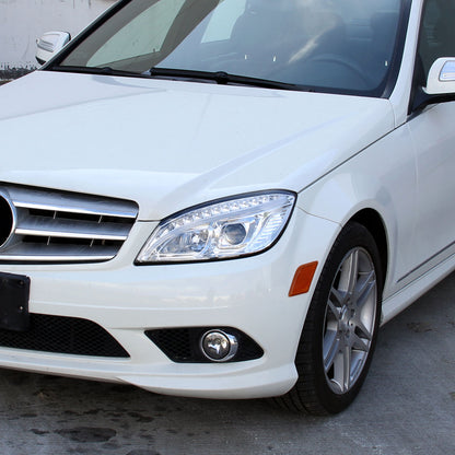 2008-2011 Mercedes Benz W204 C Class Projector Headlights w/ LED Light Bar & LED Turn Signal Lights (Chrome Housing/Clear Lens)