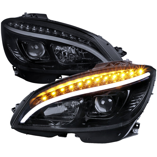 2008-2011 Mercedes Benz W204 C Class Projector Headlights w/ LED Light Bar & LED Turn Signal Lights (Glossy Black Housing/Smoked Lens)