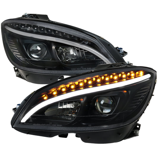 2008-2011 Mercedes Benz W204 C Class Projector Headlights w/ LED Light Bar & LED Turn Signal Lights (Matte Black Housing/Clear Lens)