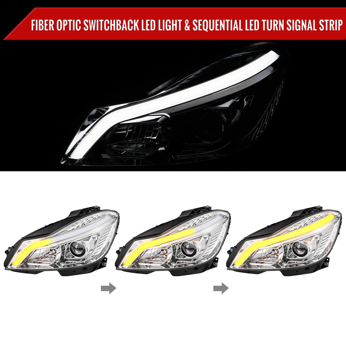 2012-2014 Mercedes-Benz W204 C-Class Switchback Sequential LED Bar Projector Headlights (Chrome Housing/Clear Lens)