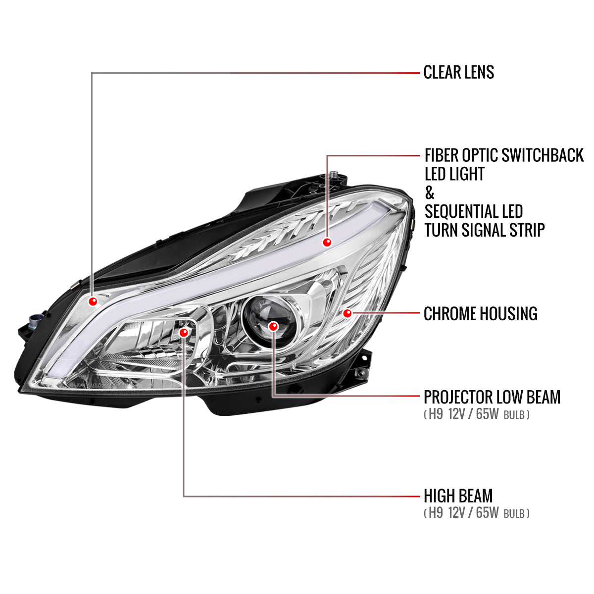 2012-2014 Mercedes-Benz W204 C-Class Switchback Sequential LED Bar Projector Headlights (Chrome Housing/Clear Lens)