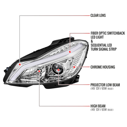 2012-2014 Mercedes-Benz W204 C-Class Switchback Sequential LED Bar Projector Headlights (Chrome Housing/Clear Lens)