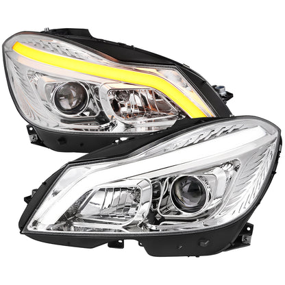 2012-2014 Mercedes-Benz W204 C-Class Switchback Sequential LED Bar Projector Headlights (Chrome Housing/Clear Lens)
