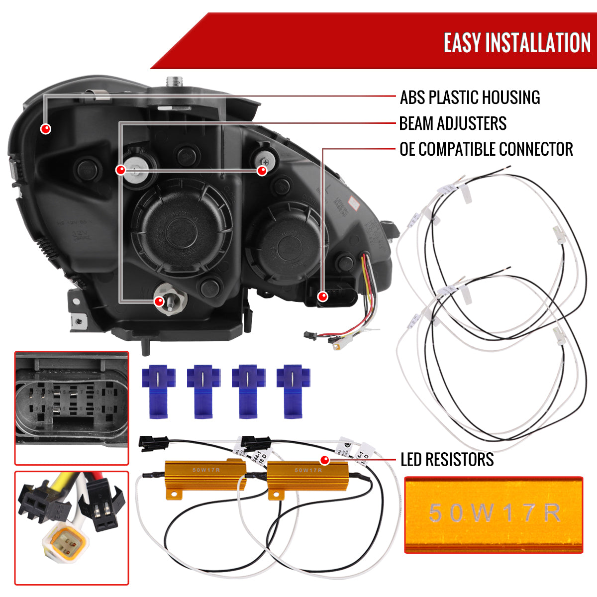 2012-2014 Mercedes-Benz W204 C-Class Switchback Sequential LED Bar Projector Headlights (Matte Black Housing/Smoked Lens)