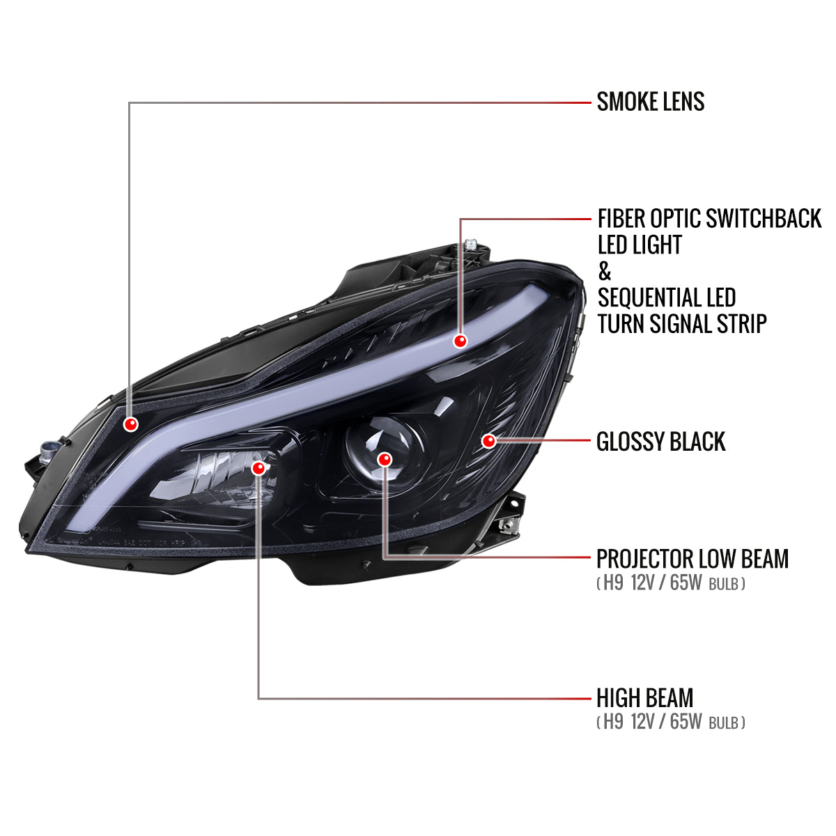 2012-2014 Mercedes-Benz W204 C-Class Switchback Sequential LED Bar Projector Headlights (Matte Black Housing/Smoked Lens)