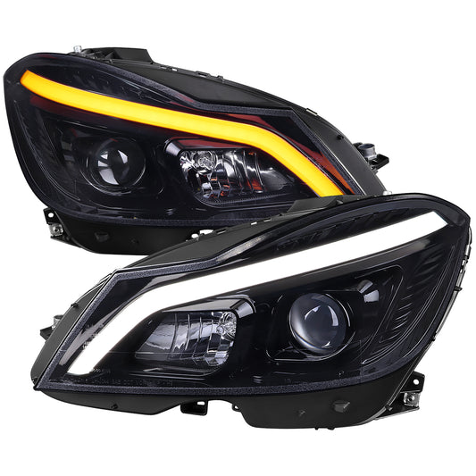 2012-2014 Mercedes-Benz W204 C-Class Switchback Sequential LED Bar Projector Headlights (Matte Black Housing/Smoked Lens)