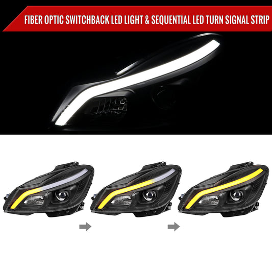 2012-2014 Mercedes-Benz W204 C-Class Switchback Sequential LED Bar Projector Headlights (Matte Black Housing/Clear Lens)