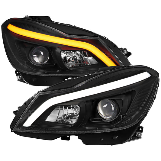 2012-2014 Mercedes-Benz W204 C-Class Switchback Sequential LED Bar Projector Headlights (Matte Black Housing/Clear Lens)
