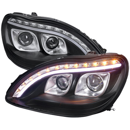 1998-2006 Mercedes Benz W220 S Class Projector Headlights w/ LED Light Strip & Turn Signal Lights (Matte Black Housing/Clear Lens)