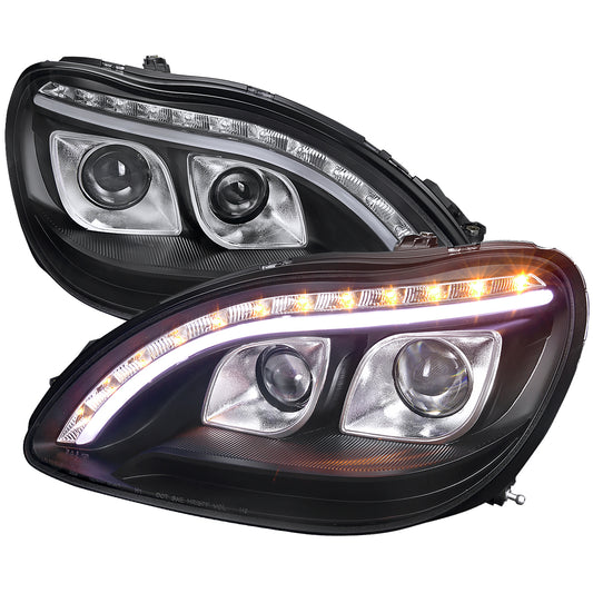 1998-2006 Mercedes Benz W220 S Class Projector Headlights w/ LED Light Strip & Turn Signal Lights (Matte Black Housing/Clear Lens)