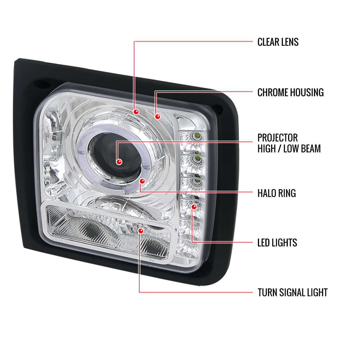 1997-2001 Jeep Cherokee Halo Projector Headlights w/ SMD LED Light Strip (Chrome Housing/Clear Lens)