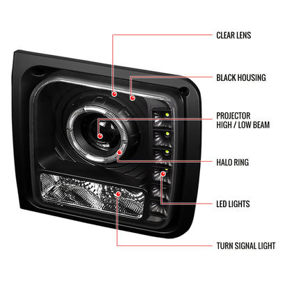 1997-2001 Jeep Cherokee Halo Projector Headlights w/ SMD LED Light Strip (Matte Black Housing/Clear Lens)