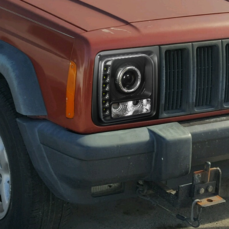 1997-2001 Jeep Cherokee Halo Projector Headlights w/ SMD LED Light Strip (Matte Black Housing/Clear Lens)