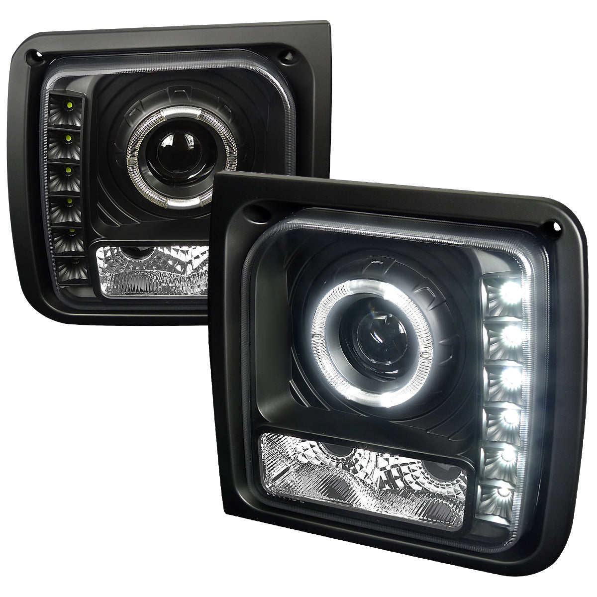 1997-2001 Jeep Cherokee Halo Projector Headlights w/ SMD LED Light Strip (Matte Black Housing/Clear Lens)
