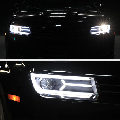 2014-2015 Chevrolet Camaro LED Strip Projector Headlights w/ Sequential Turn Signal Lights (Matte Black Housing/Clear Lens)