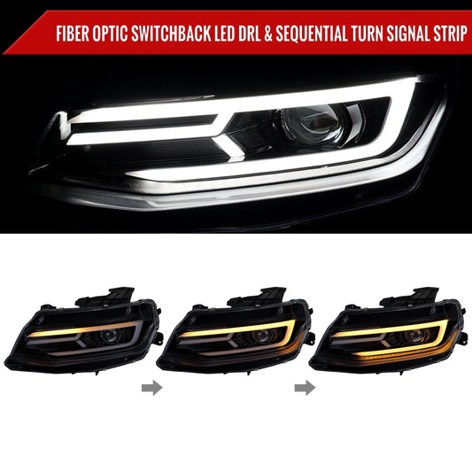 2016-2018 Chevrolet Camaro LED Strip Projector Headlights w/ Sequential Turn Signal Lights (Chrome Housing/Smoked Lens)