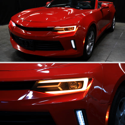 2016-2018 Chevrolet Camaro LED Strip Projector Headlights w/ Sequential Turn Signal Lights (Matte Black Housing/Clear Lens)