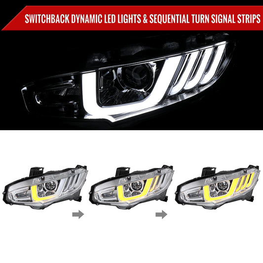 2016-2021 Honda Civic Projector Headlights w/ LED Switchback Sequential Turn Signal (Chrome Housing/Clear Lens)