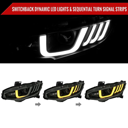2016-2021 Honda Civic Projector Headlights w/ LED Switchback Sequential Turn Signal (Matte Black Housing/Smoked Lens)