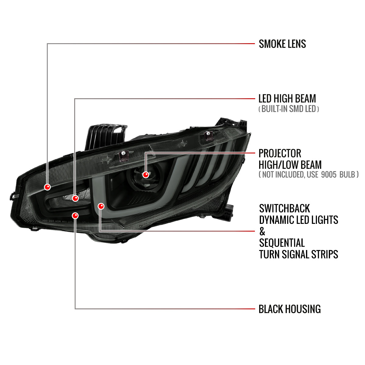 2016-2021 Honda Civic Projector Headlights w/ LED Switchback Sequential Turn Signal (Matte Black Housing/Smoked Lens)