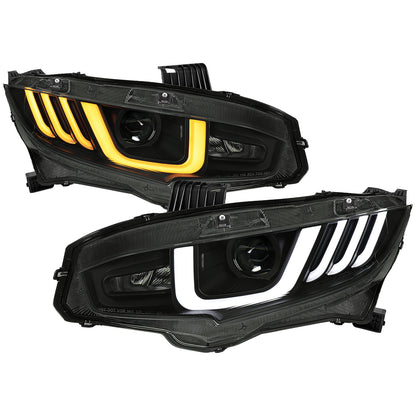 2016-2021 Honda Civic Projector Headlights w/ LED Switchback Sequential Turn Signal (Matte Black Housing/Smoked Lens)