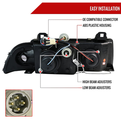 1992-1998 BMW E36 3 Series Coupe/Sedan Dual Halo Projector Headlights (Matte Black Housing/Clear Lens)